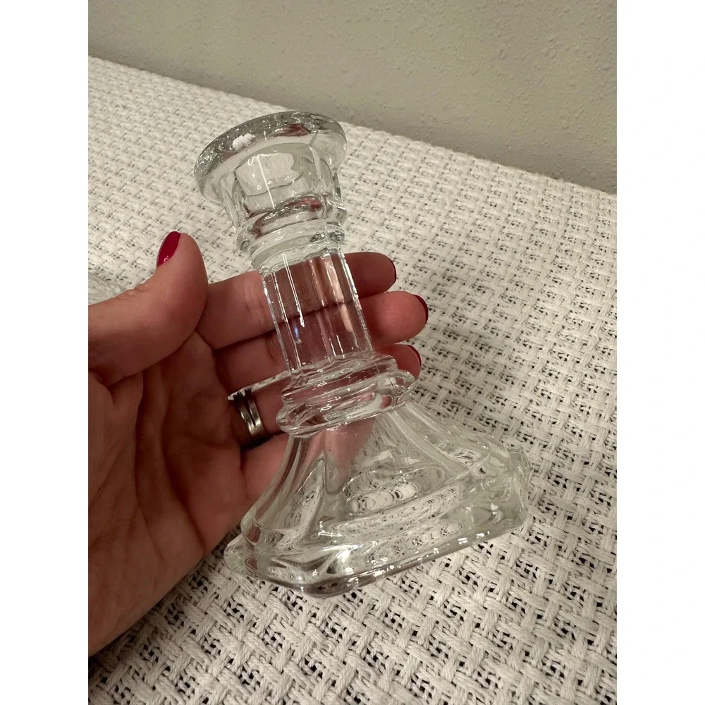Vintage Glass Candlestick Set Clear Hexagon Base Fluted Taper Colonial Decor